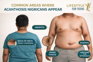teenager with dark skin patches on neck and armpits showing acanthosis nigricans from insulin resistance