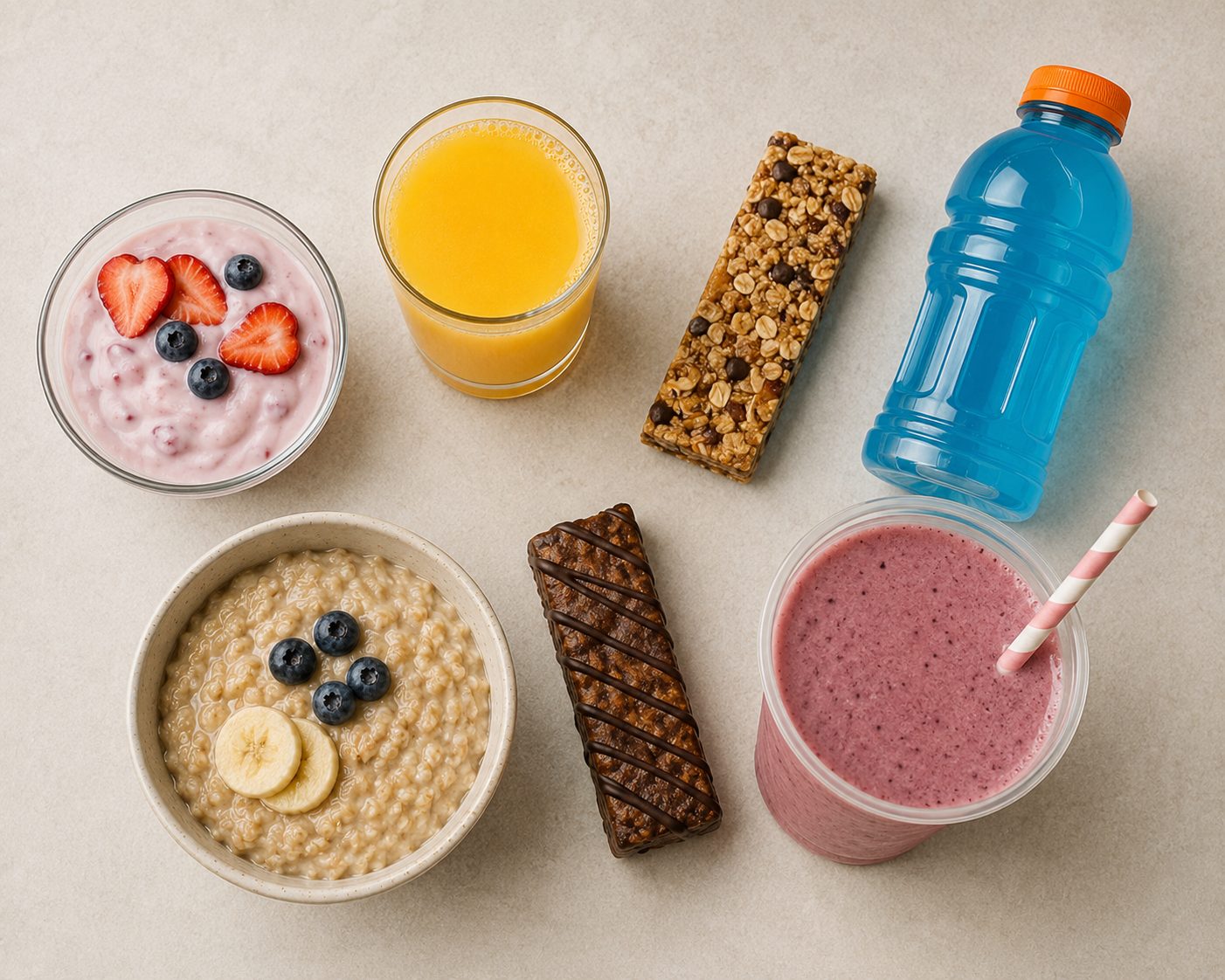 healthy foods that spike insulin in teenagers including flavored yogurt granola bars and fruit juice on kitchen counter