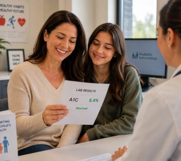 normal A1C in teenagers showing parent relieved at doctor office after blood test result
