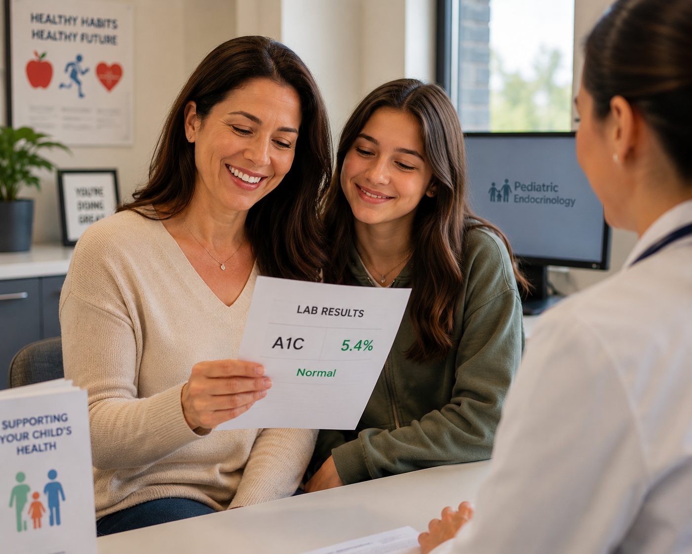 normal A1C in teenagers showing parent relieved at doctor office after blood test result