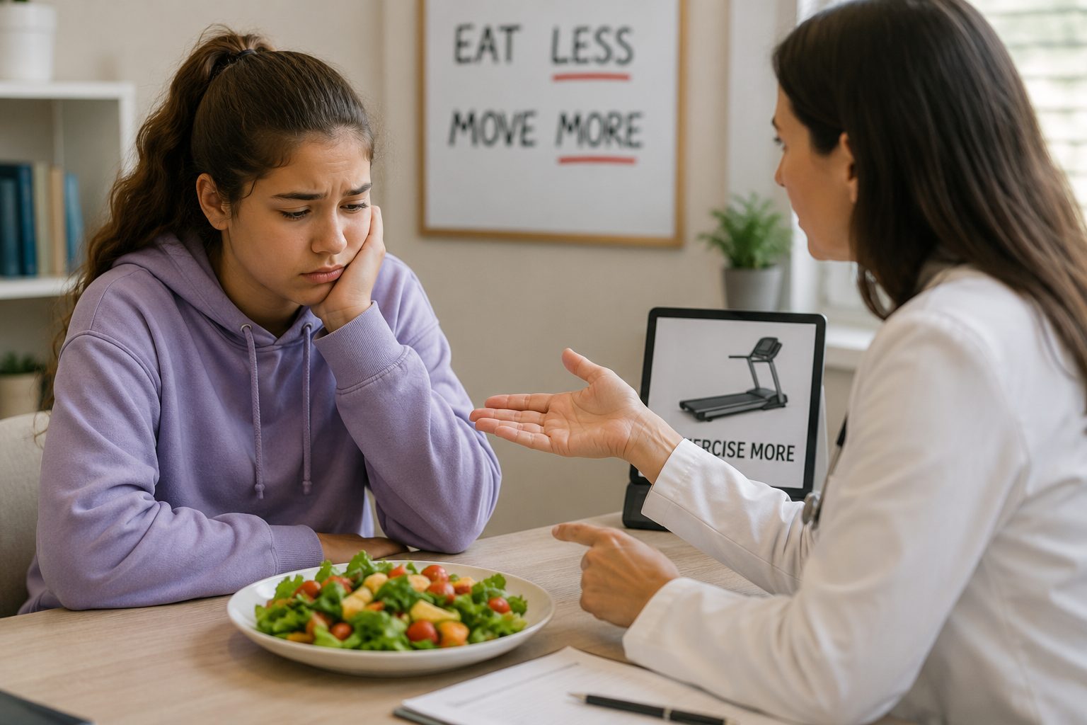 eat less move more teenagers showing frustrated teen being told generic diet advice by adult