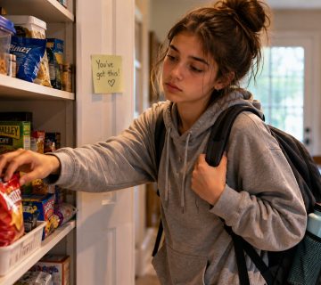 Teenager reaching for snacks in the pantry after school, illustrating everyday choices around healthy snacks for teenagers