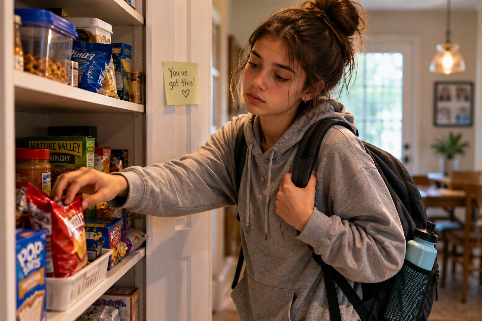 Teenager reaching for snacks in the pantry after school, illustrating everyday choices around healthy snacks for teenagers