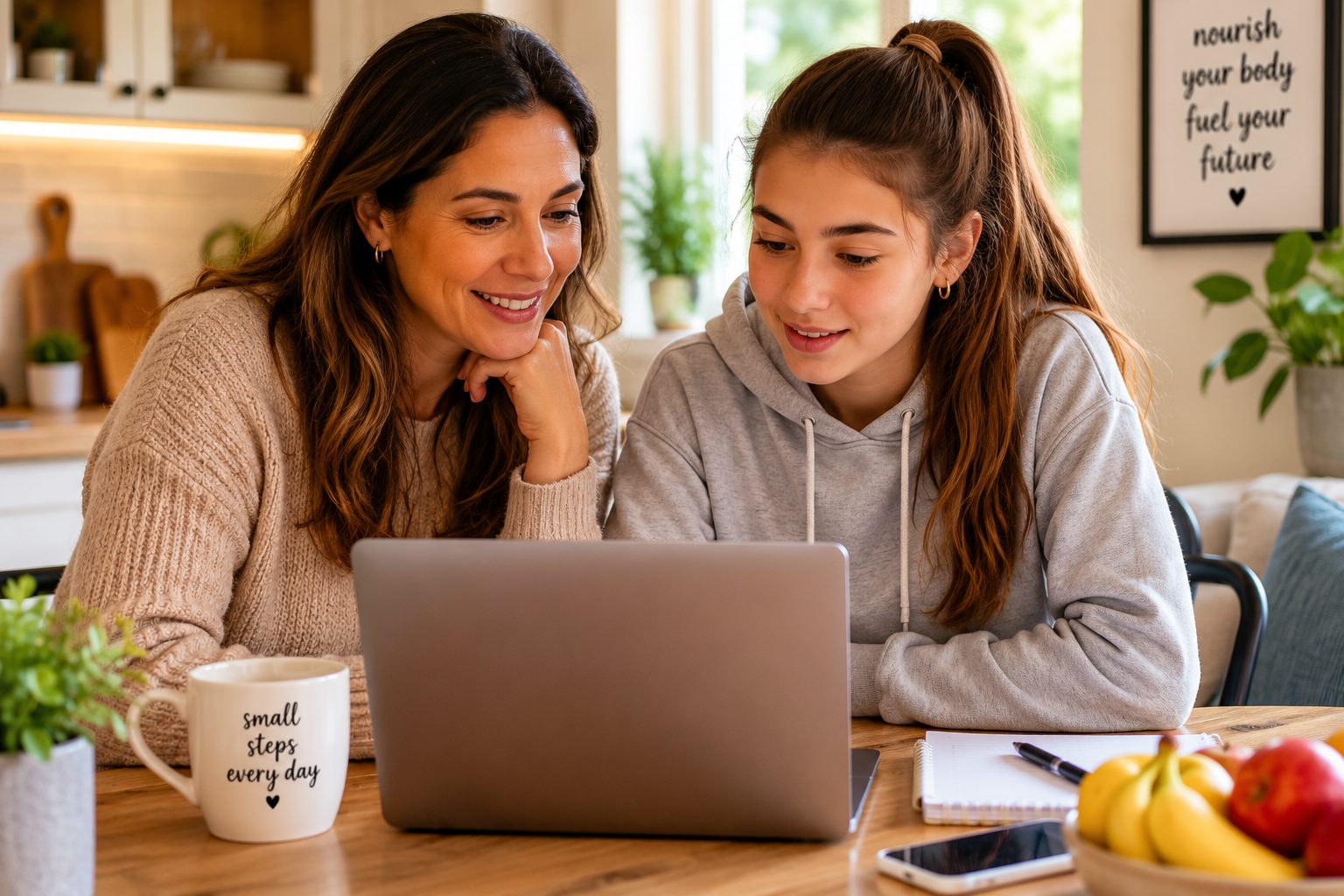how much weight should my teenager lose showing parent and teen looking at BMI calculator on laptop together