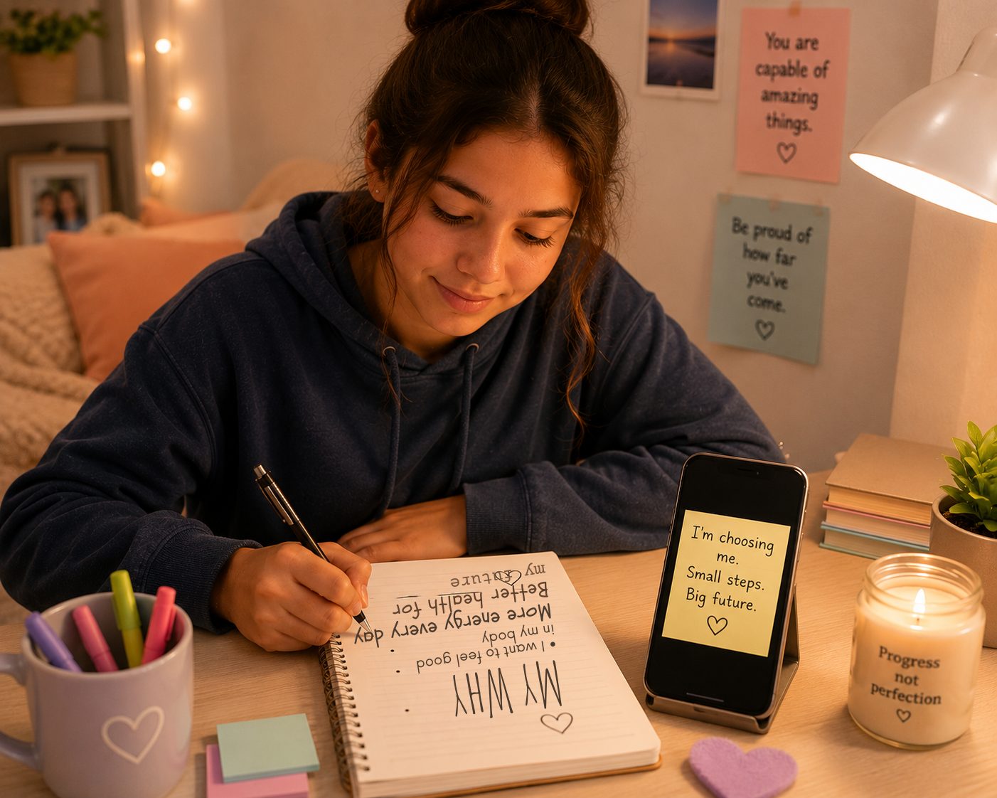 how to stay motivated to lose weight as a teenager showing teen writing personal motivation note in journal