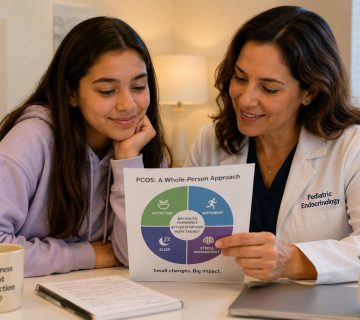 weight loss and PCOS in teenagers showing teen girl talking with doctor about insulin resistance and periods