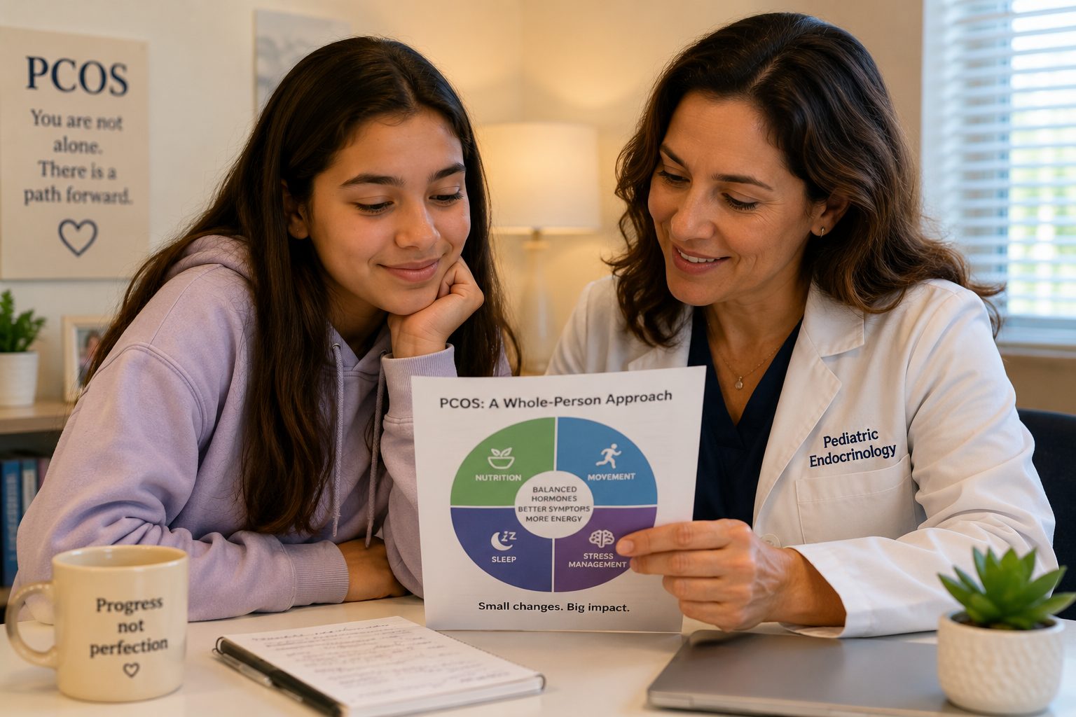 weight loss and PCOS in teenagers showing teen girl talking with doctor about insulin resistance and periods