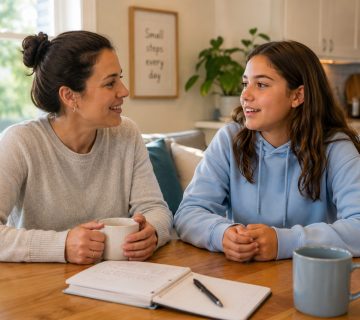 will my teenager slim down after puberty showing parent and teenager having supportive conversation at home