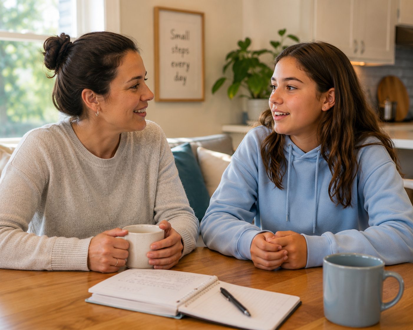 will my teenager slim down after puberty showing parent and teenager having supportive conversation at home